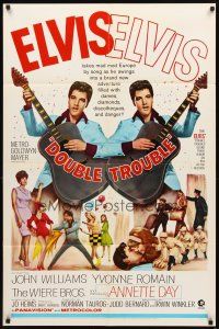2w299 DOUBLE TROUBLE 1sh '67 cool mirror image of rockin' Elvis Presley playing guitar!