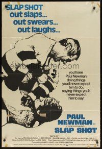 2w013 SLAP SHOT English 1sh '77 cool different image of hockey player Paul Newman in fight!