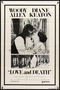2w629 LOVE & DEATH style B 1sh '75 Woody Allen & Diane Keaton romantic kiss close up!