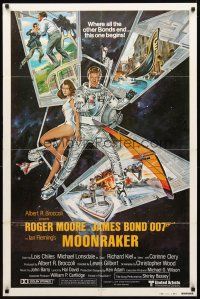 2w663 MOONRAKER style B int'l 1sh '79 Roger Moore as James Bond, cool different action art!