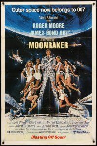 2w662 MOONRAKER advance 1sh '79 art of Roger Moore as Bond & sexy space babes by Goozee!