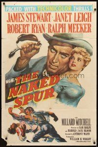 2w671 NAKED SPUR 1sh '53 art of strong man James Stewart & sexy bait Janet Leigh!