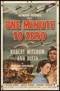 2w697 ONE MINUTE TO ZERO 1sh '52 art of Robert Mitchum, Ann Blyth & fighter jets, Howard Hughes