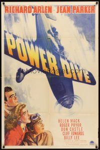 2w729 POWER DIVE style A 1sh '41 art of stunt pilot Richard Arlen & his airplane going down FAST!