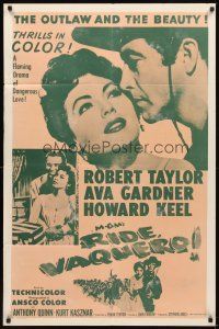2w761 RIDE, VAQUERO 1sh R50s close-up of outlaw Robert Taylor & beauty Ava Gardner!
