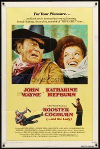 2w772 ROOSTER COGBURN 1sh '75 great art of John Wayne with eyepatch & Katharine Hepburn!