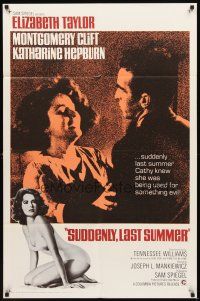 2w844 SUDDENLY, LAST SUMMER 1sh R67 close-up of Montgomery Clift & Elizabeth Taylor, + swimsuit!
