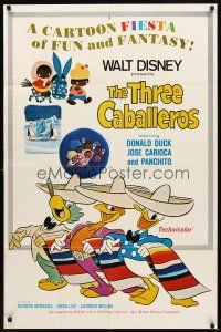 2w889 THREE CABALLEROS 1sh R77 Disney, cartoon art of Donald Duck, Panchito & Joe Carioca!
