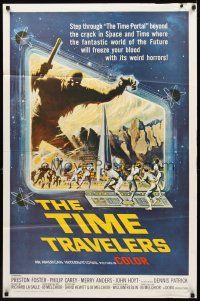 2w901 TIME TRAVELERS 1sh '64 cool Reynold Brown sci-fi art of the crack in space and time!