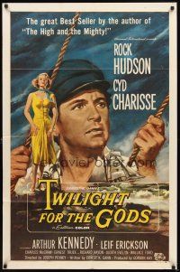 2w924 TWILIGHT FOR THE GODS 1sh '58 great artwork of Rock Hudson & sexy Cyd Charisse on beach!