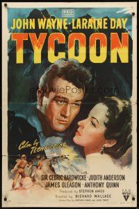 2w927 TYCOON style A 1sh '47 great close-up romantic artwork of John Wayne & Laraine Day!