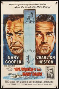 2w985 WRECK OF THE MARY DEARE 1sh '59 portrait artwork of Gary Cooper & Charlton Heston!