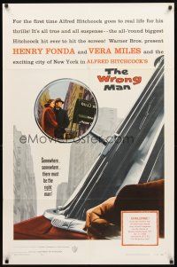 2w987 WRONG MAN 1sh '57 Henry Fonda, Vera Miles, Alfred Hitchcock, cool rear view mirror art!