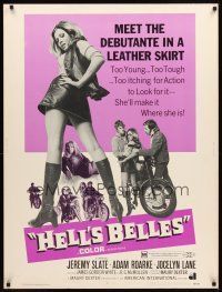 2x425 HELL'S BELLES 30x40 '69 sexy too young too tough biker babe in leather skirt!