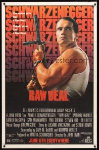 2x287 RAW DEAL half subway '86 great close up of tough guy Arnold Schwarzenegger w/gun!