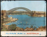 2x084 FLY PAN AM TO AUSTRALIA travel poster '60s cool image of Sydney Harbor Bridge!