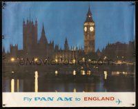2x085 FLY PAN AM TO ENGLAND travel poster '60s cool image of Big Ben & Westminster at night!
