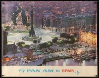 2x086 FLY PAN AM TO SPAIN travel poster '60s wonderful art of Barcelona at dusk!