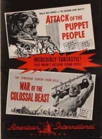 3a726 ATTACK OF THE PUPPET PEOPLE/WAR OF COLOSSAL BEAST pressbook '58 Bert I. Gordon double bill!
