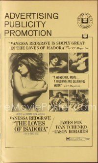 3a849 LOVES OF ISADORA pressbook '69 sexy naked Vanessa Redgrave covering herself with just arms!