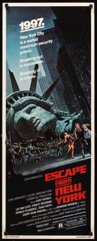 2y384 ESCAPE FROM NEW YORK insert '81 John Carpenter, art of decapitated Lady Liberty by Barry E. Jackson!