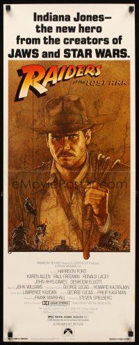 2y575 RAIDERS OF THE LOST ARK insert '81 great art of adventurer Harrison Ford by Richard Amsel!