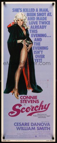 2y596 SCORCHY insert '76 full-length art of sexiest barely-dressed Connie Stevens in black cape!