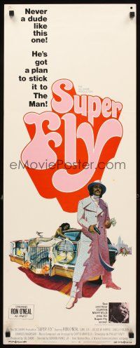 2y631 SUPER FLY insert '72 great artwork of Ron O'Neal with car & girl sticking it to The Man!