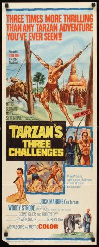 2y642 TARZAN'S THREE CHALLENGES insert '63 Edgar Rice Burroughs, artwork of bound Jock Mahoney!