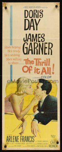 2y660 THRILL OF IT ALL insert '63 wonderful artwork of Doris Day kissing James Garner!