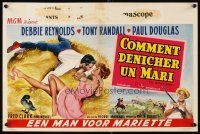 3b421 MATING GAME Belgian '59 art of Debbie Reynolds & Tony Randall rolling in the hay!