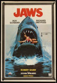 3b136 JAWS Turkish '81 best different art of classic man-eating shark with sexy girl in mouth!