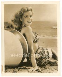 3c342 GLORIA DEHAVEN 8x10 still '40s smiling portrait sitting on the beach in sexy swimsuit