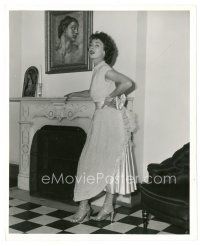 3c606 MARLA ENGLISH 8x10 still '50s full-length wearing great dress & pearls by fireplace!