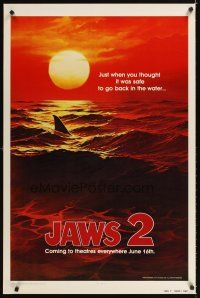 3f389 JAWS 2 teaser 1sh '78 classic art of man-eating shark's fin in red water at sunset!