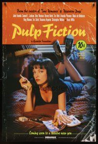 3f613 PULP FICTION recalled advance 1sh '94 Quentin Tarantino, Uma Thurman smoking Lucky Strikes!