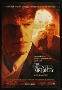 3f762 TALENTED MR. RIPLEY advance signed DS 1sh '99 by Matt Damon pictured w/Jude Law, Paltrow!