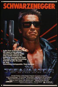 3f770 TERMINATOR 1sh '84 super close up of most classic cyborg Arnold Schwarzenegger with gun!