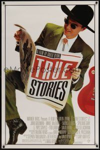 3f801 TRUE STORIES style B 1sh '86 giant image of star & director David Byrne reading newspaper!