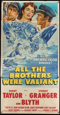 3d485 ALL THE BROTHERS WERE VALIANT 3sh '53 Robert Taylor, Stewart Granger, cool whaling artwork!