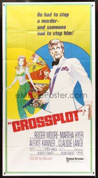 3d527 CROSSPLOT int'l 3sh '70 cool artwork of spy Roger Moore & sexy Claudie Lange!
