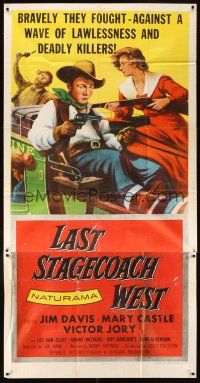 3d587 LAST STAGECOACH WEST 3sh '57 art of Jim Davis & Mary Castle w/guns on runaway stagecoach!