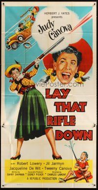 3d588 LAY THAT RIFLE DOWN 3sh '55 great wacky artwork of hillbilly Judy Canova firing big gun!