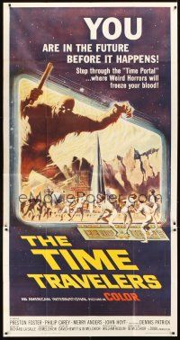 3d665 TIME TRAVELERS 3sh '64 cool Reynold Brown sci-fi art of the crack in space and time!
