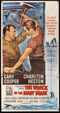 3d679 WRECK OF THE MARY DEARE 3sh '59 super close artwork of Gary Cooper fighting Charlton Heston!