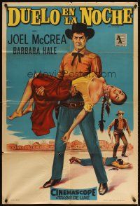 3d284 OKLAHOMAN Argentinean '57 art of cowboy Joel McCrea holding Native American Gloria Talbot!