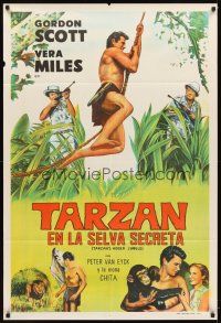 3d314 TARZAN'S HIDDEN JUNGLE Argentinean '55 artwork of Gordon Scott as Tarzan swinging on vine!
