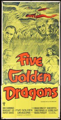 3d140 FIVE GOLDEN DRAGONS English 3sh '67 cool montage art of Chris Lee, Kinski, Raft & Cummings!