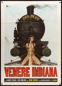3d841 NAKED IN THE SUN Italian 1p R70s wild art of naked Native American girl tied on train tracks!