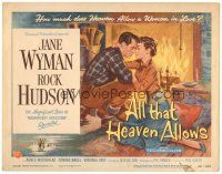 3e028 ALL THAT HEAVEN ALLOWS TC '55 close up romantic art of Rock Hudson kissing Jane Wyman!
